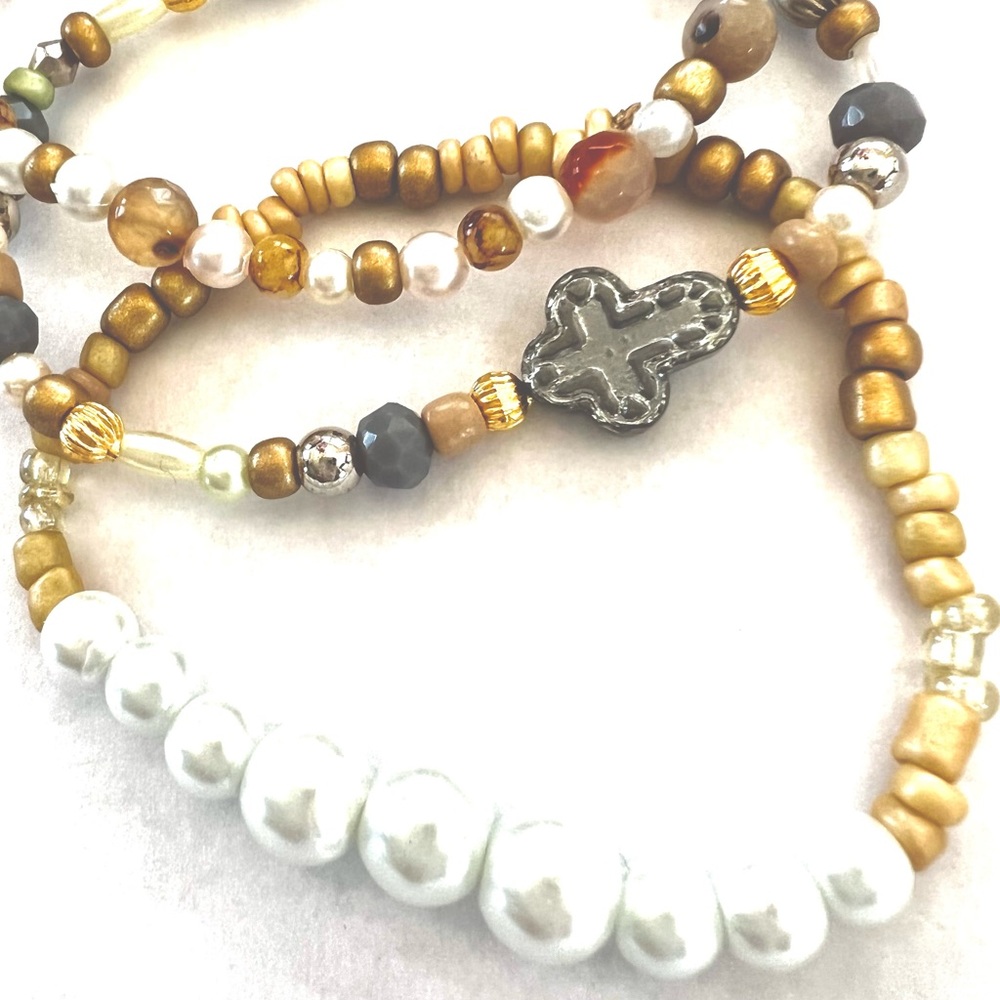 Seed beads cross and pearl stack of 3 bracelets